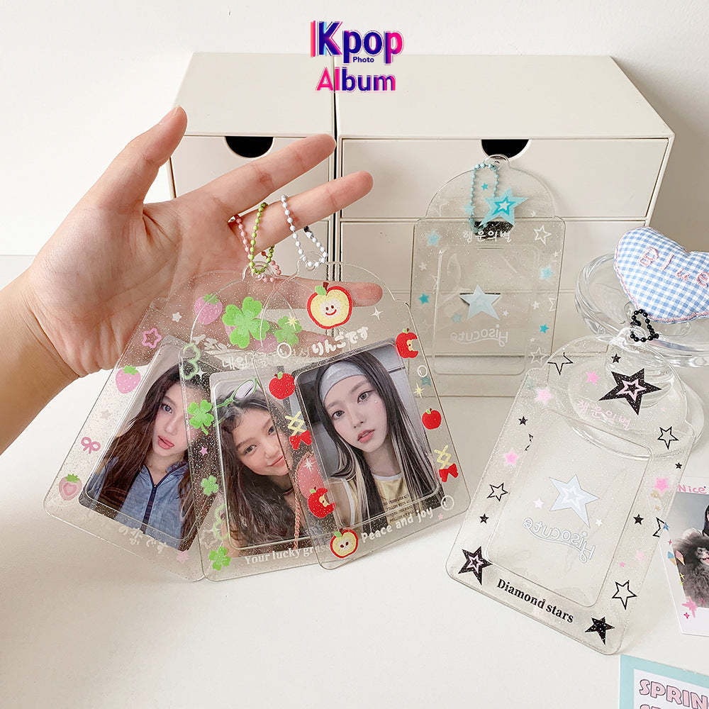 ins summer transparent four-leaf clover three-inch card set glitter fruit cartoon star chasing card set student meal card bag female