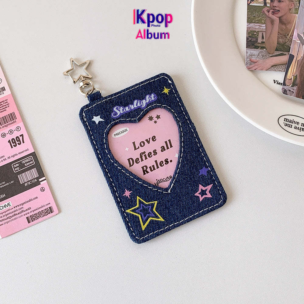 ins style student denim love hollow 3 inch star chasing small card cover girl campus card subway card pendant card bag