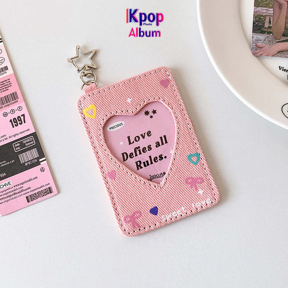 ins style student denim love hollow 3 inch star chasing small card cover girl campus card subway card pendant card bag