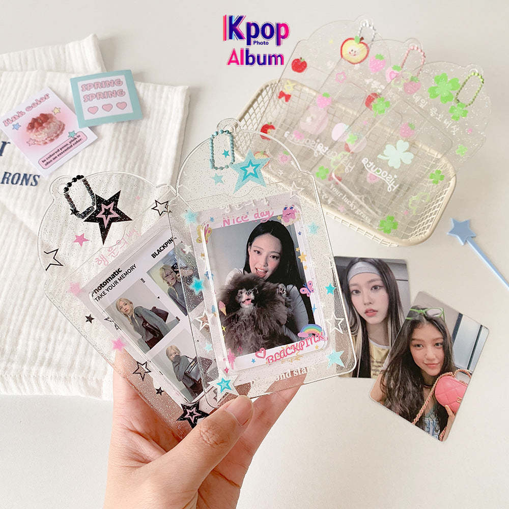 ins summer transparent four-leaf clover three-inch card set glitter fruit cartoon star chasing card set student meal card bag female