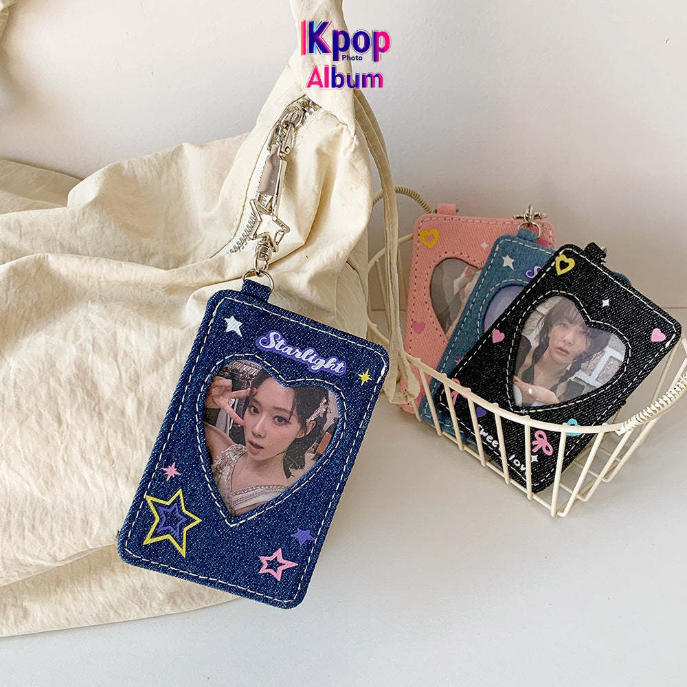 ins style student denim love hollow 3 inch star chasing small card cover girl campus card subway card pendant card bag