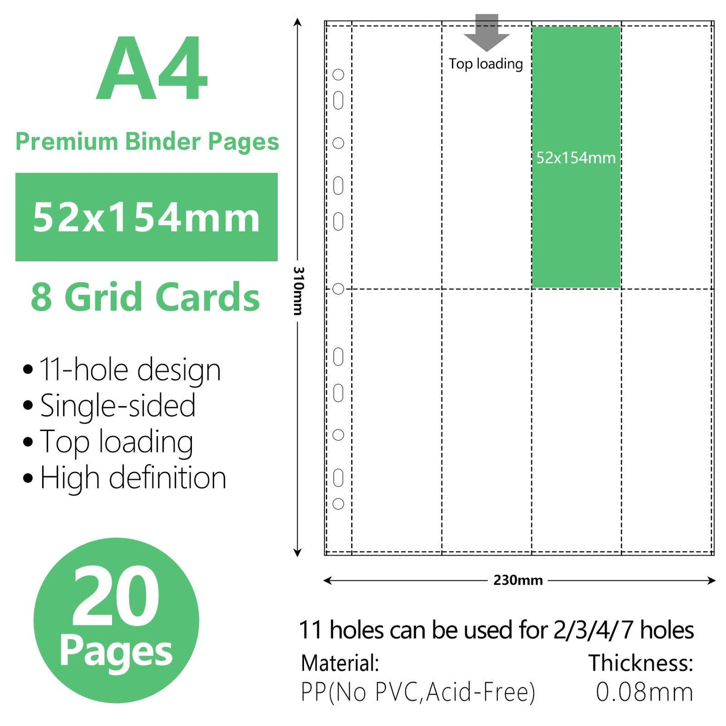 A4 Binder Sleeves Photo Album Binders 1/2/4/6/9 Pockets Inner Pages Transparent Album Accessories Photocard Storage 20pcs-8grid-Slim