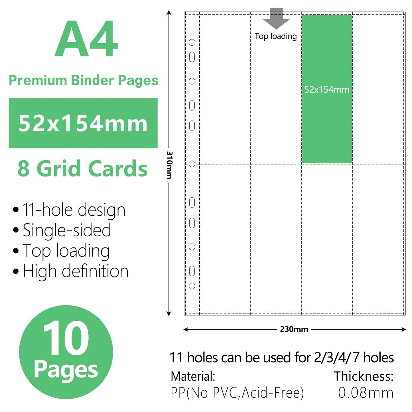 A4 Binder Sleeves Photo Album Binders 1/2/4/6/9 Pockets Inner Pages Transparent Album Accessories Photocard Storage 10pcs-8grid-Standard