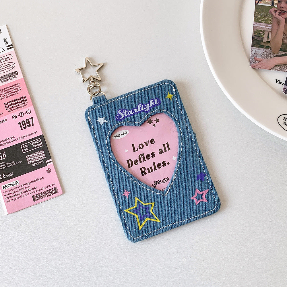 ins style student denim love hollow 3 inch star chasing small card cover girl campus card subway card pendant card bag