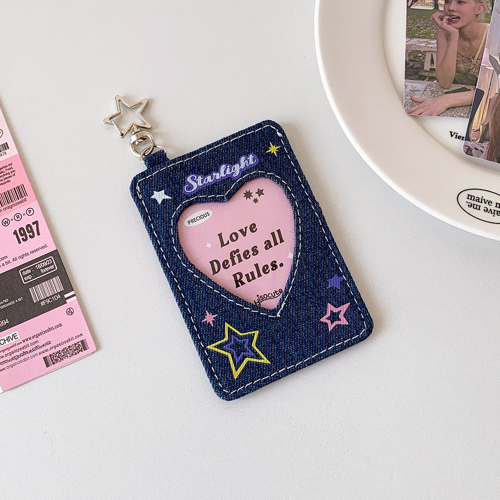 ins style student denim love hollow 3 inch star chasing small card cover girl campus card subway card pendant card bag