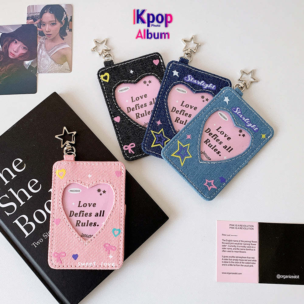 ins style student denim love hollow 3 inch star chasing small card cover girl campus card subway card pendant card bag