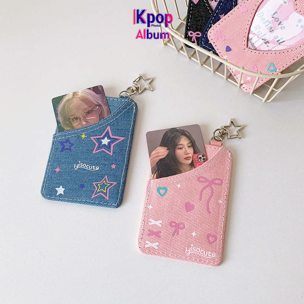ins style student denim love hollow 3 inch star chasing small card cover girl campus card subway card pendant card bag
