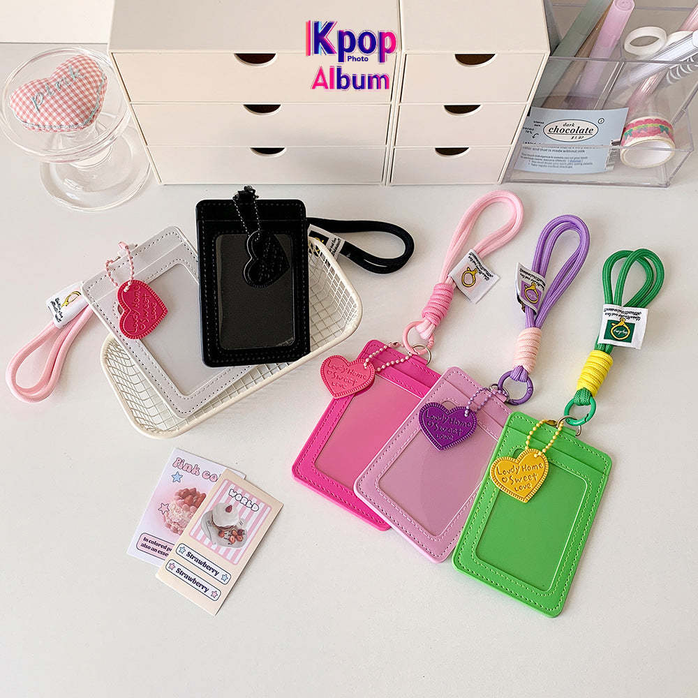 Korean version vertical double card position lanyard card cover girl solid color three-inch Polaroid star chasing card cover meal card campus card bag