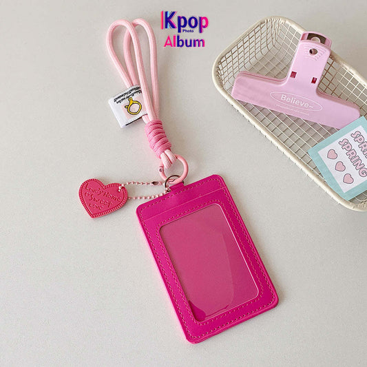 Korean version vertical double card position lanyard card cover girl solid color three-inch Polaroid star chasing card cover meal card campus card bag