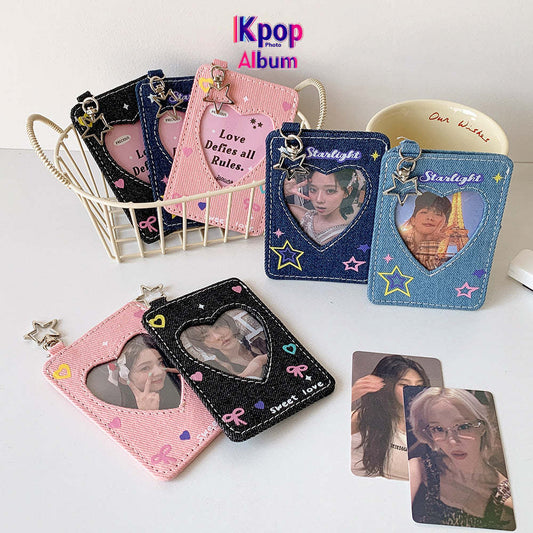ins style student denim love hollow 3 inch star chasing small card cover girl campus card subway card pendant card bag