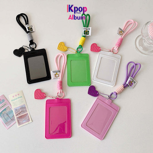 Korean version vertical double card position lanyard card cover girl solid color three-inch Polaroid star chasing card cover meal card campus card bag