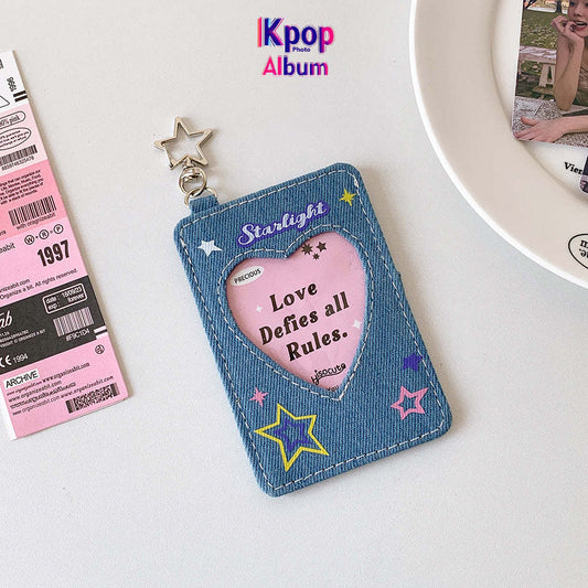 ins style student denim love hollow 3 inch star chasing small card cover girl campus card subway card pendant card bag