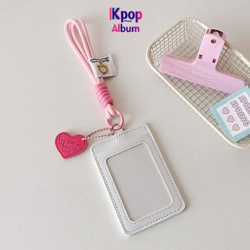 Korean version vertical double card position lanyard card cover girl solid color three-inch Polaroid star chasing card cover meal card campus card bag