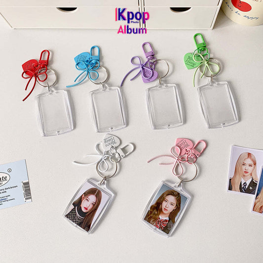 Transparent acrylic love bow keychain pendant can be placed, ID photo, big head sticker, photo frame, star chasing pendant, female.