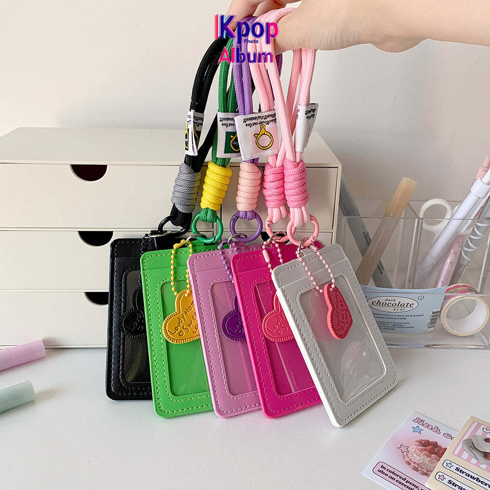 Korean version vertical double card position lanyard card cover girl solid color three-inch Polaroid star chasing card cover meal card campus card bag