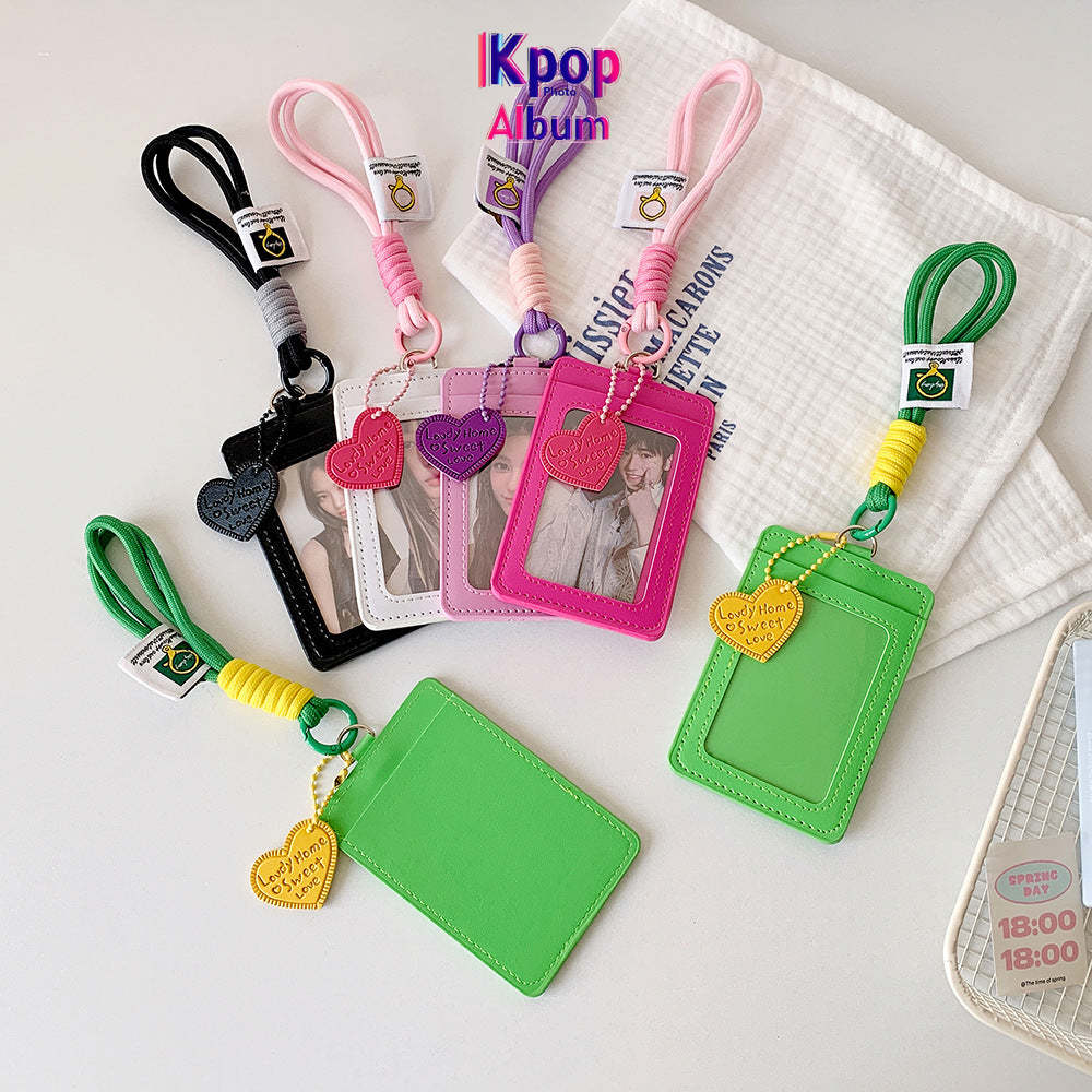 Korean version vertical double card position lanyard card cover girl solid color three-inch Polaroid star chasing card cover meal card campus card bag