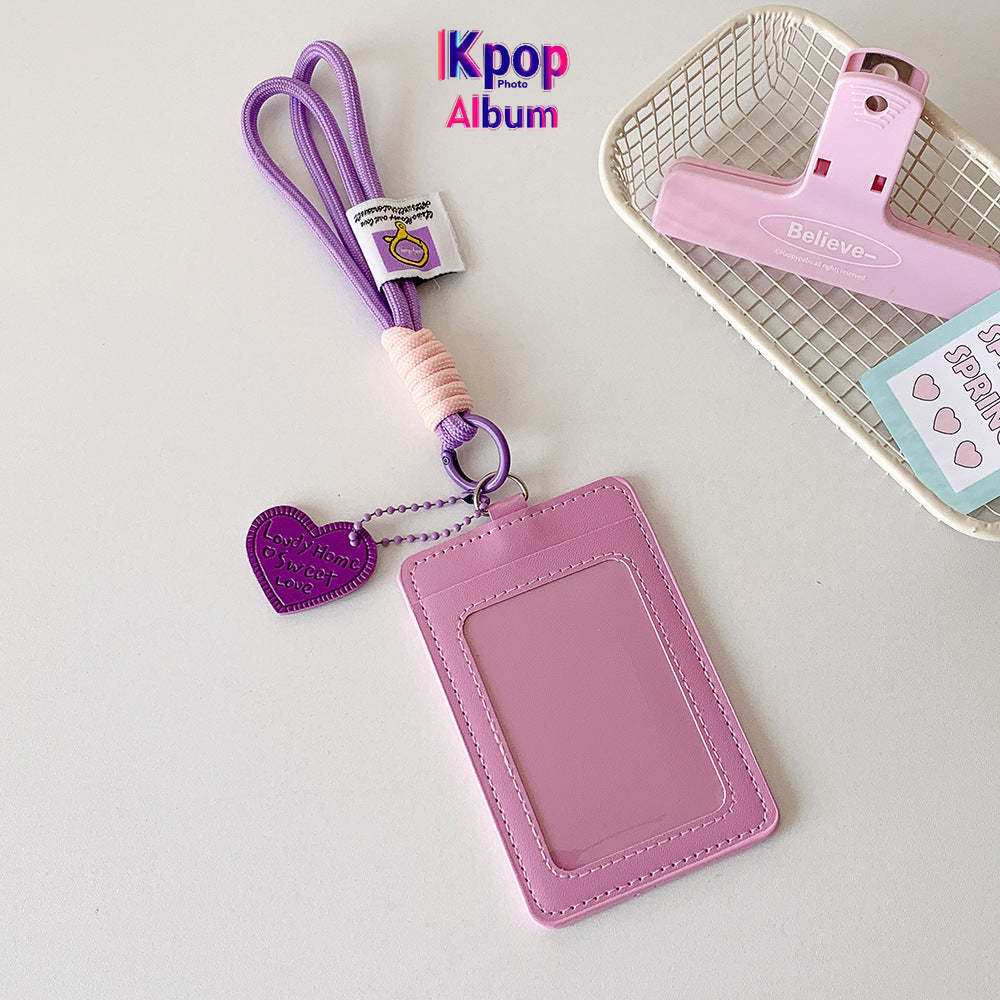 Korean version vertical double card position lanyard card cover girl solid color three-inch Polaroid star chasing card cover meal card campus card bag
