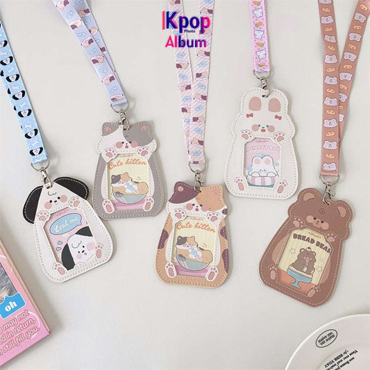 Cute Cat Design Clear Card Holder for Girls Transparent Necklace Bus Card ID Badge Student Campus Card Sleeve