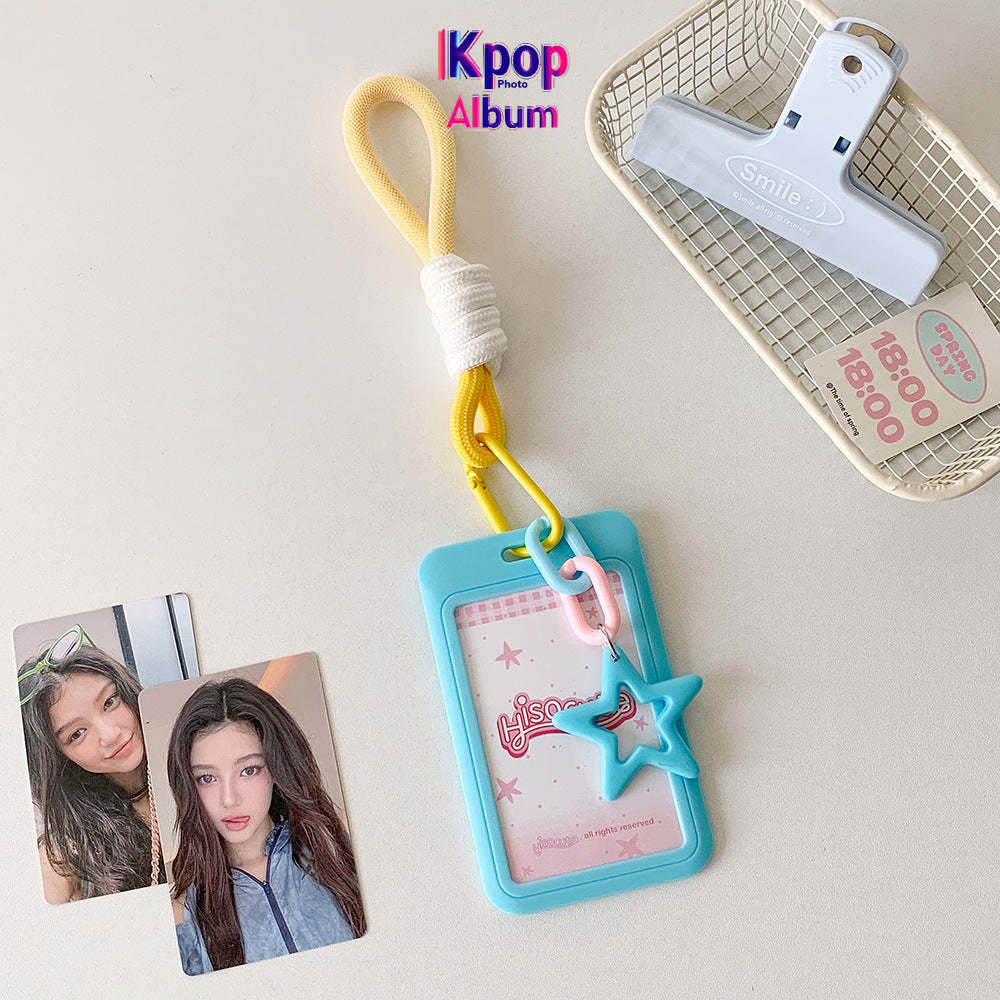 Candy color sliding cover 3 inch card cover, student lanyard, bus card, subway card, card bag, student star chasing display, small card cover.