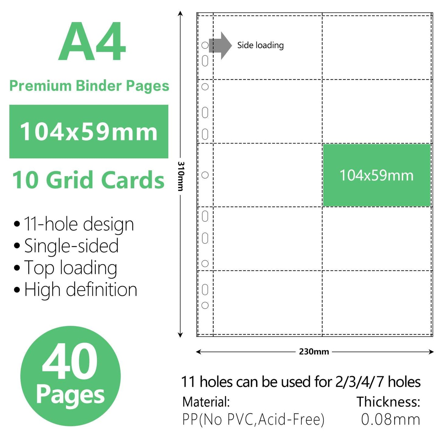 A4 10-Grid Binder Sleeves Photo Album - Premium Storage for Photos, Documents, Art, and Collectibles | Durable, Organize and Protect Your Items in an Efficient, Space-Saving Binder 40pcs-10grid