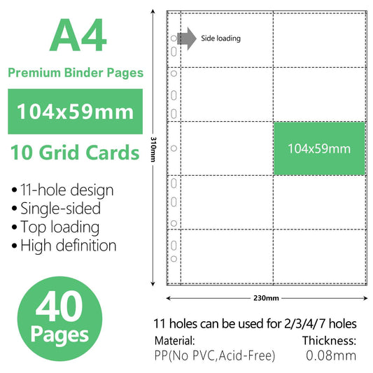 A4 10-Grid Binder Sleeves Photo Album - Premium Storage for Photos, Documents, Art, and Collectibles | Durable, Organize and Protect Your Items in an Efficient, Space-Saving Binder 40pcs-10grid