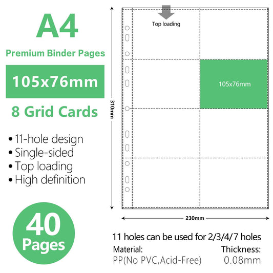 A4 Binder Sleeves Photo Album Binders 1/2/4/6/9 Pockets Inner Pages Transparent Album Accessories Photocard Storage 40pcs-8grid-Standard