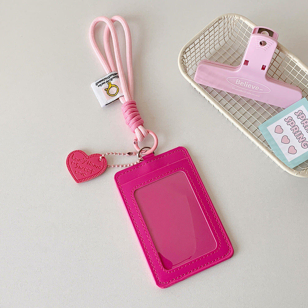 Korean version vertical double card position lanyard card cover girl solid color three-inch Polaroid star chasing card cover meal card campus card bag