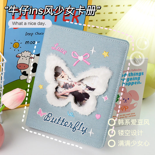 High value ins style denim butterfly card album girls A5 loose-leaf photo album Polaroid small card storage album Sigongge