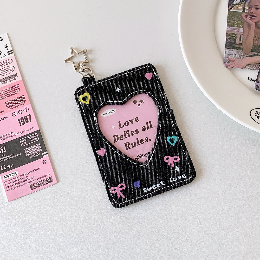 ins style student denim love hollow 3 inch star chasing small card cover girl campus card subway card pendant card bag