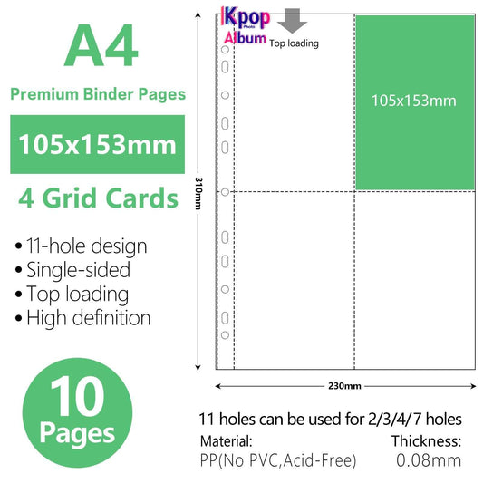 A4 4grid Binder Sleeves Photo Album Binders 1/2/4/6/9 Pockets Inner Pages Transparent Album Accessories Photocard Storage