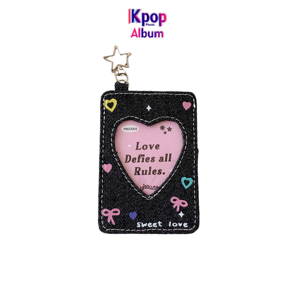 ins style student denim love hollow 3 inch star chasing small card cover girl campus card subway card pendant card bag