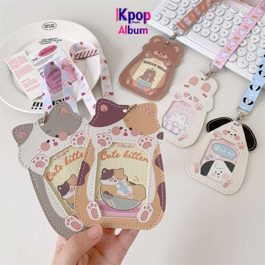 Cute Cat Design Clear Card Holder for Girls Transparent Necklace Bus Card ID Badge Student Campus Card Sleeve